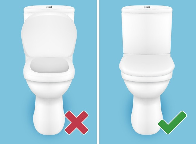 Việc xả nước không đúng cách khi đi vệ sinh cũng gây tổn hại tới nhan sắc của bạn. Chúng ta nên đậy nấp bồn cầu mỗi khi xả nước để tránh vi khuẩn và các vi sinh vật gây bệnh phun vào không khí và có thể bám vào tóc, quần áo và da. Ảnh: BS.