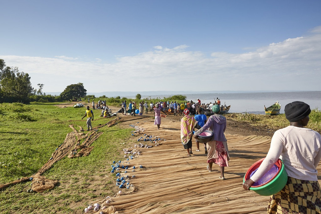 Cuộc sống của Justine không diễn ra theo cách cô muốn. Cô từng mơ ước trở thành bác sĩ nhưng đã bỏ học cấp ba sau khi mang bầu. Justine có 9 người con, một trong số đó bị khuyết tật, và 9 đứa cháu. Cô là nhân viên y tế cộng đồng được trả lương với nhiệm vụ tư vấn cho những người dương tính với HIV. Justine cũng ở trong hội đồng quản trị của bệnh viện địa phương. Cô có vài con bò, gà và dê. Trong ảnh là những phụ nữ bở bãi biển Nduru đến bờ hồ Victoria để mua cá từ những chiếc thuyền đánh cá suốt đêm. Ảnh: NPR.