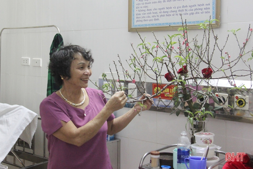 Bà Nguyễn Thị Trình, 69 tuổi (xã Thạch Trung, TP Hà Tĩnh) cho biết: “Con trai tôi bị tai nạn khi trang trí nhà cửa, may mà đến nay đã qua nguy hiểm. Đây là lần đầu tiên tôi ăn tết ở bệnh viện. Chúng tôi chuẩn bị hoa đào, bánh kẹo để đón giao thừa ngay tại phòng”.