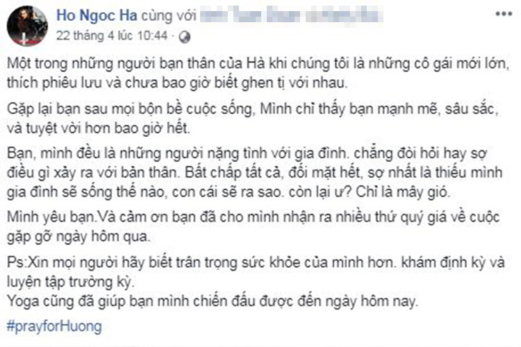 "Gặp lại bạn sau mọi bộn bề cuộc sống, mình chỉ thấy bạn mạnh mẽ, sâu sắc và tuyệt vời hơn bao giờ hết. Mình yêu bạn và cảm ơn bạn đã cho mình nhận ra nhiều thứ quý giá về cuộc gặp gỡ ngày hôm nay", Hà Hồ viết.