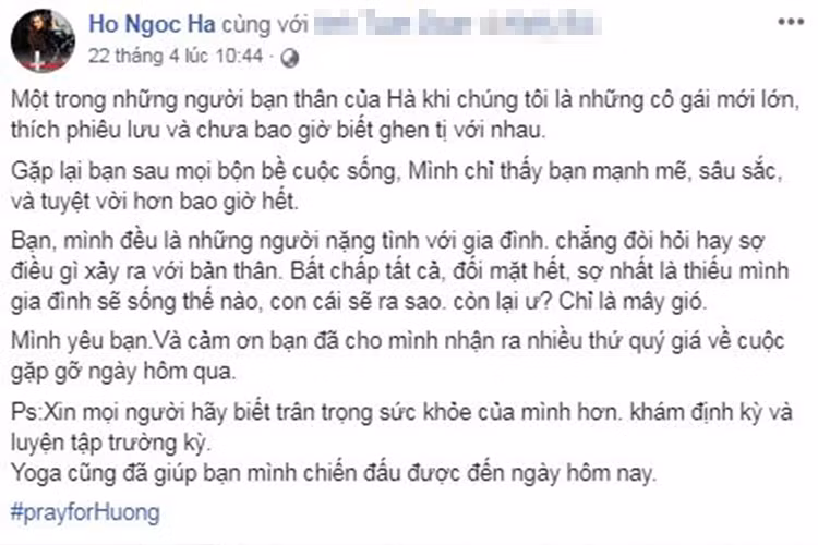"Gặp lại bạn sau mọi bộn bề cuộc sống, mình chỉ thấy bạn mạnh mẽ, sâu sắc và tuyệt vời hơn bao giờ hết. Mình yêu bạn và cảm ơn bạn đã cho mình nhận ra nhiều thứ quý giá về cuộc gặp gỡ ngày hôm nay", Hà Hồ viết.