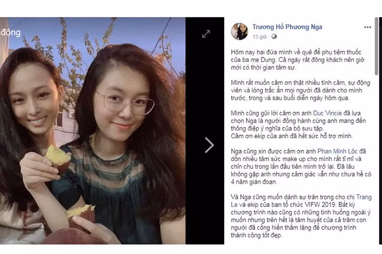 Trước màn tái xuất gây tranh cãi, Phương Nga dường như không mấy bận tâm. Mới nhất, trên trang cá nhân, cô gửi lời cảm đến mọi người dành cho cô trước, trong và sau buổi diễn. Ảnh chụp màn hình