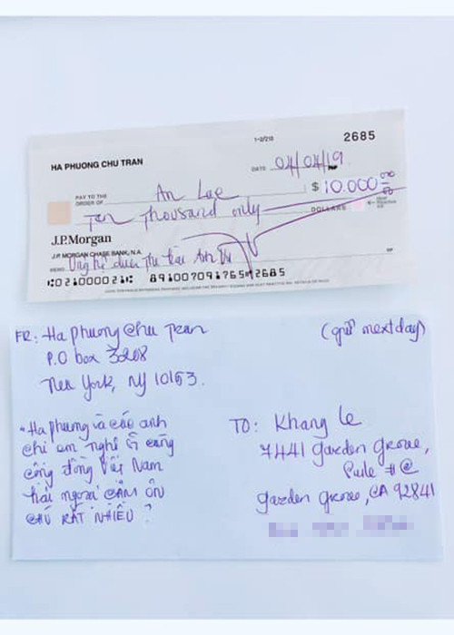 Hà Phương còn công khai hình ảnh chi phiếu 10.000 USD dành cho việc hỗ trợ đưa thi hài của Anh Vũ về Việt Nam cũng như tin nhắn từ nhà quàn xác nhận đã nhận được chi phiếu từ Hà Phương.