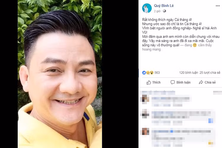 Cùng lưu diễn với Anh Vũ, Quý Bình bày tỏ niềm tiếc thương trước sự ra đi đột ngột của đàn anh.