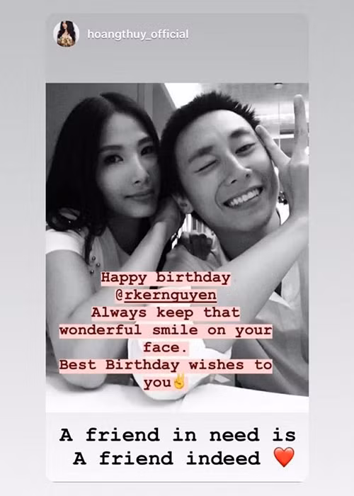 Hoàng Thùy cũng từng gửi lời chúc mừng sinh nhật Rocker Nguyễn kèm lời khẳng định anh là một người bạn.