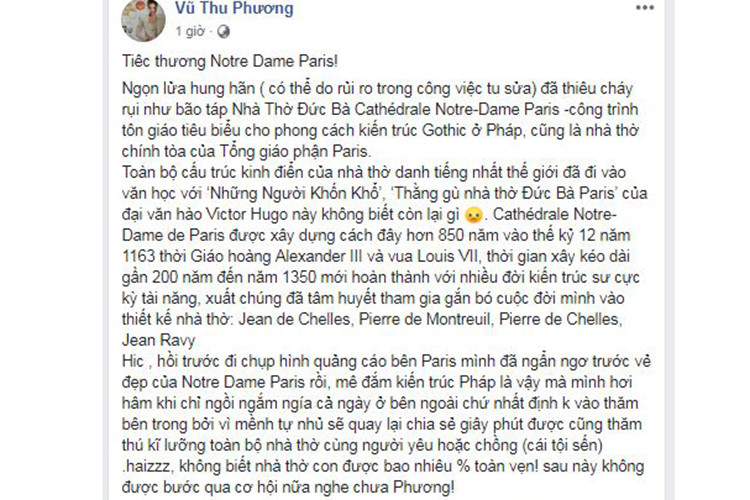 Vũ Thu Phương cũng đau xót khi công trình biểu tượng của nước Pháp gặp hỏa hoạn.