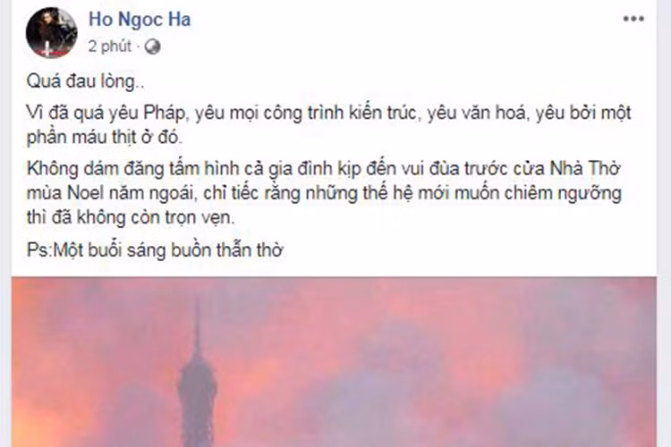 Đọc thông tin về vụ cháy Nhà thờ Đức Bà Paris, Hồ Ngọc Hà bày tỏ cô rất đau lòng khi một công trình kiến trúc nổi tiếng gặp biến cố.