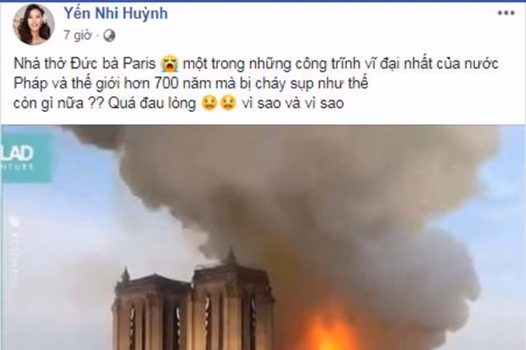 Á khôi Yến Nhi cũng bày tỏ quá đau lòng trước sự việc. Theo Vietnamplus, vụ hỏa hoạn khiến 2/3 đỉnh mái của Nhà thờ Đức Bà Paris bị tàn phá nhưng cấu trúc của Nhà thờ đã được bảo vệ nguyên vẹn và các di vật tôn giáo được bảo quản an toàn.