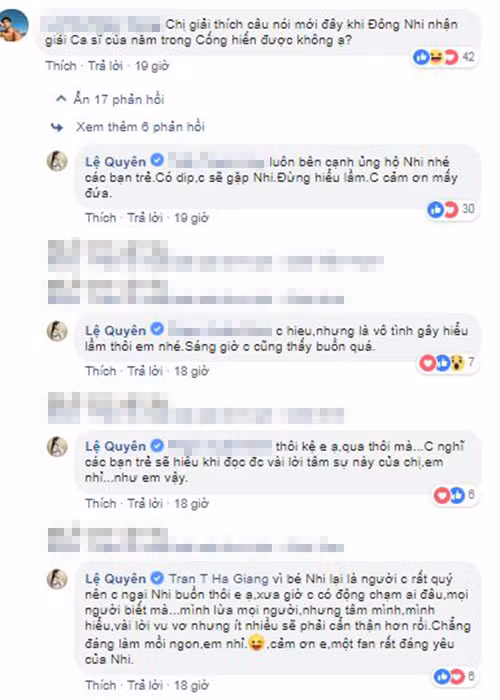 Giữa ồn ào, Lệ Quyên phân trần đây là hiểu lầm. Chia sẻ với Zing, Lệ Quyên cho biết khi bình luận, cô không xem giải Cống hiến tới lúc biết Đông Nhi thắng giải, cô đã xóa bình luận. Ảnh chụp màn hình
