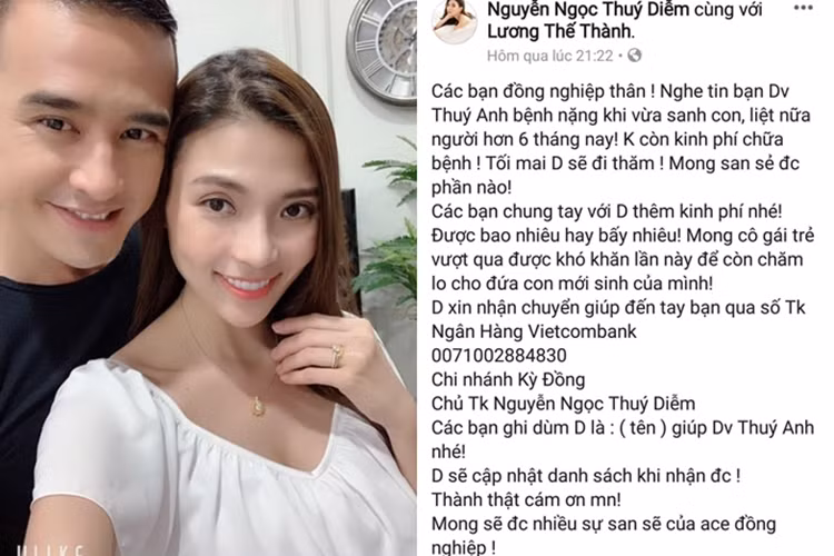 Vợ chồng Thúy Diễm cũng kêu gọi để giúp Thúy Anh có thêm kinh phí điều trị bệnh. Ảnh: Vietnamnet