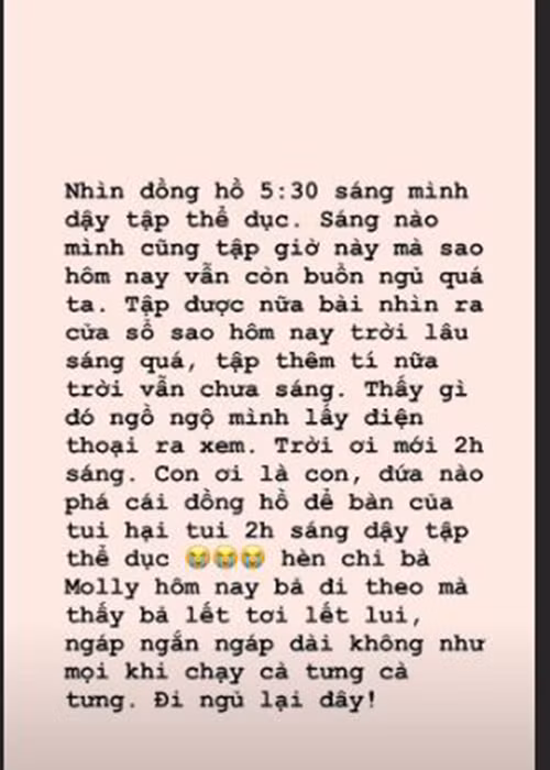 Mới đây, nữ diễn viên tiết lộ vì trò nghịch của các con mà cô dậy từ lúc 2 giờ sáng để tập thể dục.