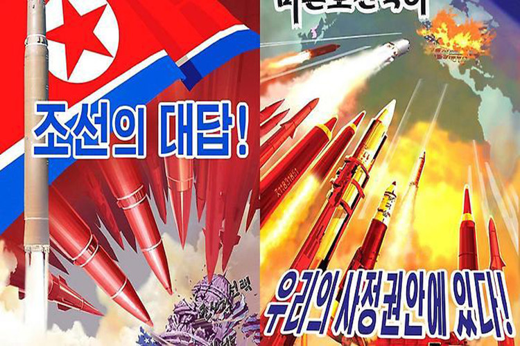 Trong đó nước Mỹ luôn là mục tiêu ưu thích của Triều Tiên và Washington phải bị tiêu diệt bằng mọi giá. Trong ảnh là hàng chục quả tên lửa Triều Tiên được bắn vào nước Mỹ được vẽ trên một tấm tranh cổ động. Nguồn ảnh: sbs.com.au