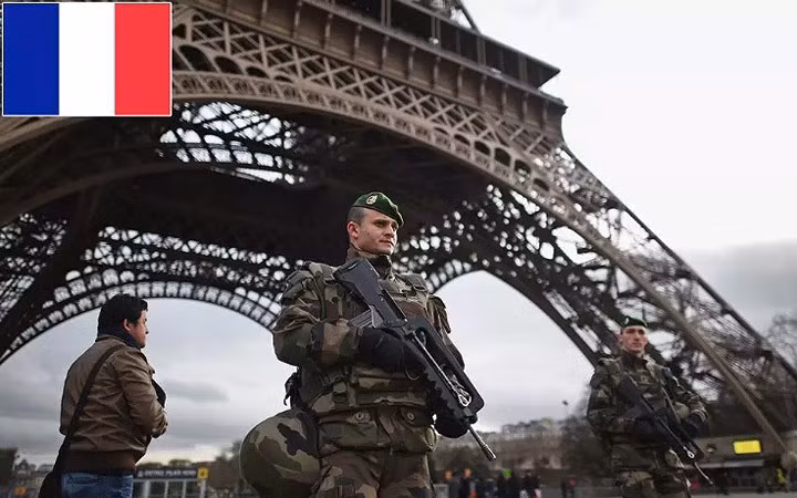 Thứ 5: Pháp - Ngân sách quốc phòng: 35 tỷ USD: Tổng số quân nhân: 387.635; Tổng số máy bay chiến đấu: 856; Xe tăng: 249; Xe chiến đấu thiết giáp: 5.948; Tàu hải quân: 118; Tàu khu trục: 4 Tàu ngầm: 10; Chỉ số sức mạnh: 0,1914.