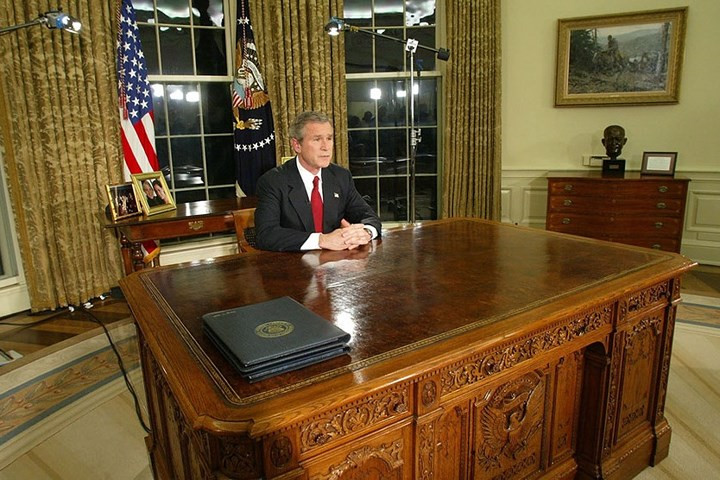 Ngày 19/3/2003, Tổng thống Mỹ George W. Bush tuyên bố từ Nhà Trắng rằng quân đội Mỹ đã tiến công các mục tiêu ở Iraq, khởi đầu cuộc chiến kéo dài 9 năm (ảnh: Getty).