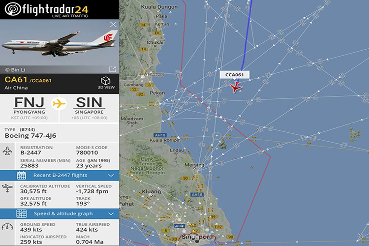 Trích dẫn dữ liệu của chuyên trang hàng không Flightradar 24 cho thấy, chiếc Boeing 747 được cho là chở theo ông Kim Jong-un cất cánh đi từ thủ đô Bình Nhưỡng của Triều Tiên vào lúc 8h30 sáng ngày 10/6 (theo giờ địa phương) và thực hiện hành trình bay thẳng tới Singapores. Nguồn ảnh: Straits Times.