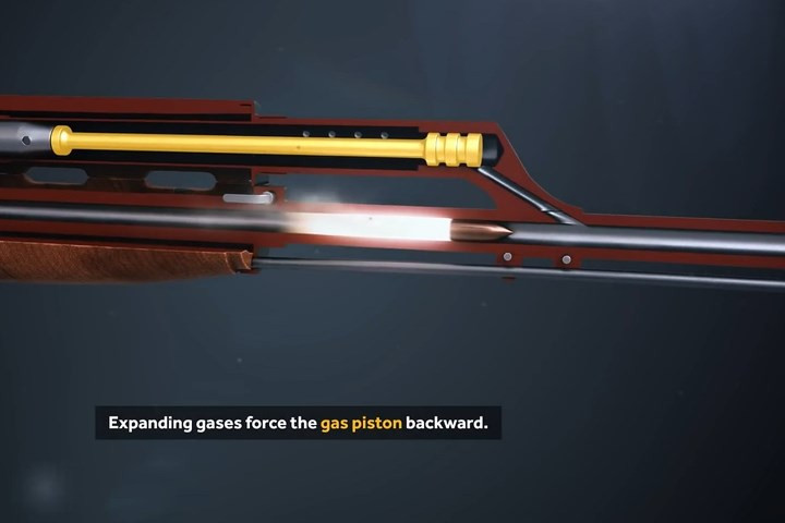 Đầu đạn chuẩn bị lao qua vị trí có lỗ trích khí từ viên đạn đã nổ.