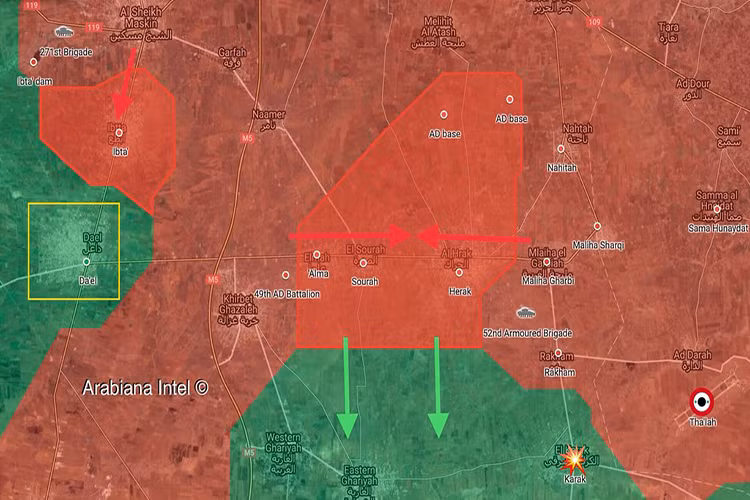 Các đơn vị quân đội Syria tập trung binh lực tiếp tục tấn công về phía nam sau khi đã giành toàn quyền kiểm soát thị trấn chiến lược Busra al-Harir và làng Nahitah từ lực lượng Hồi giáo cực đoan Hay’at Tahrir Al-Sham (HTS, Al-Qaeda Syria) và Quân đội Syria tự do (FSA).