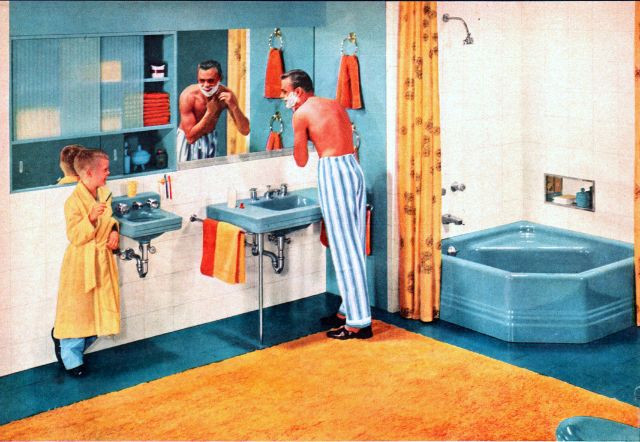 Sinh hoạt buổi sáng tại một phòng tắm rộng rãi và ấm cúng. Ảnh: Vintag.