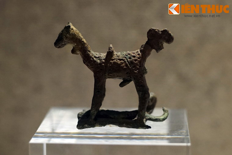 Tượng dài 6,4 cm, cao 5,4 cm, đúc hình con vật 4 chân, đầu ngẩng cao, mõm dài, miệng rộng. Đuôi con vật có kích thước khá lớn, đoạn cuối đuôi xoắn thành ba vòng tròn. Chân cao, hai chân trước nhỏ hơn hai chân sau cùng bộ phận sinh dục cho thấy đây là con vật giống đực.