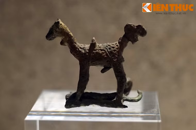 Tượng dài 6,4 cm, cao 5,4 cm, đúc hình con vật 4 chân, đầu ngẩng cao, mõm dài, miệng rộng. Đuôi con vật có kích thước khá lớn, đoạn cuối đuôi xoắn thành ba vòng tròn. Chân cao, hai chân trước nhỏ hơn hai chân sau cùng bộ phận sinh dục cho thấy đây là con vật giống đực.