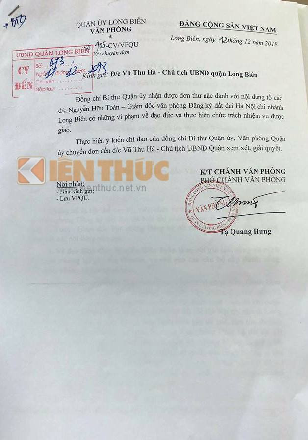 Bi thu quan chi dao giai quyet don to cao Giam doc VP Dang ky Dat dai Long Bien