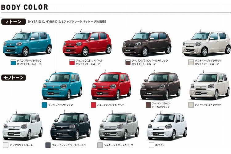 12 màu sơn ngoại thất của Suzuki Alto 2022 tại Nhật Bản.