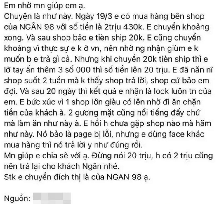 Ngan 98 giai thich chuyen bi to 'nuot' 20 trieu cua khach hang