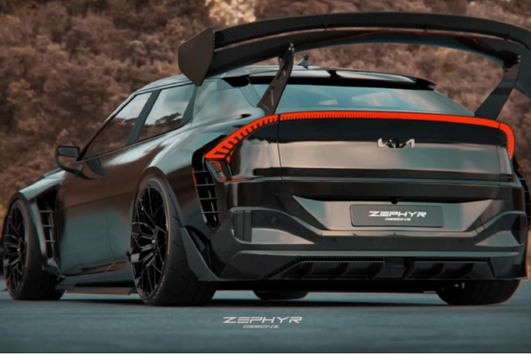 Ở phía trước, Kia EV6 GT độ khủng này có thêm các vây kép ở cản lấy cảm hứng từ những chiếc xe đua DTM, đi kèm bộ chia gió sợi carbon và nắp ca-pô tích hợp khe gió tạo sự hầm hố, hiếu chiến.