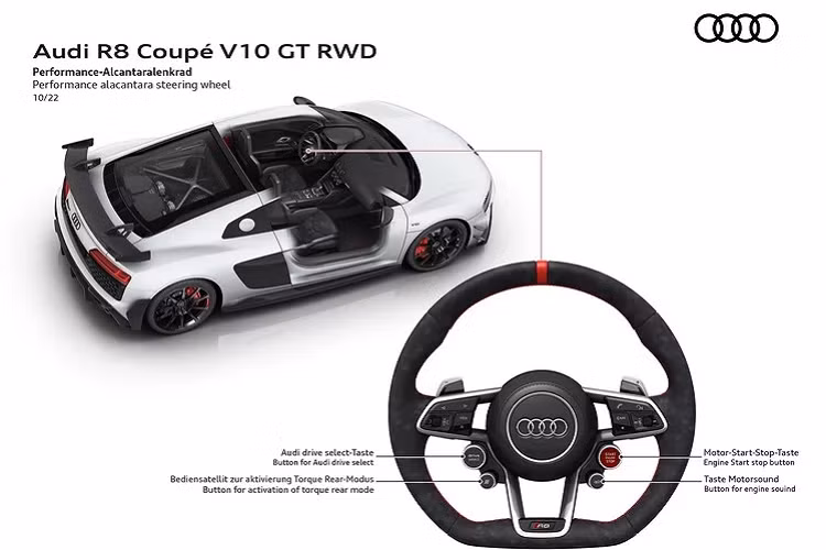 Như đã nói, Audi R8 Coupe GT RWD vẫn sẽ được trang bị động cơ V10 hút khí tự nhiên 5.2 lít, sản sinh công suất tối đa 612 mã lực và mô-men xoắn 565 Nm (mạnh hơn bản Performance RWD đến 50 mã lực và 15 Nm).