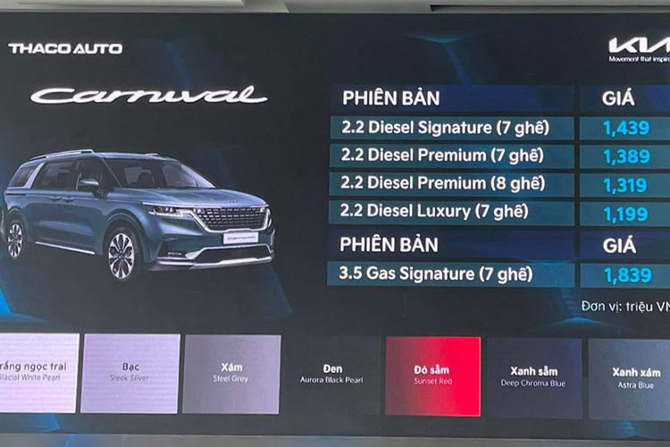 Mức giá xe Kia Carnival Royal 2022 cho bản 4 ghế là 2,379 tỷ đồng và bản 7 ghế là 2,399 tỷ đồng, được xem là khá cao so với những phiên bản khác. Tuy nhiên, so với trải nghiệm đẳng cấp mà chiếc xe mang lại và nhìn sang các đối thủ trực tiếp là Mercedes-Benz V 250 Luxury (giá từ 2,662 tỷ đồng) và Toyota Granvia (3,072 tỷ đồng), có thể thấy Carnival Royal 2022 sẽ phù hợp túi tiền của nhiều khách hàng hơn.