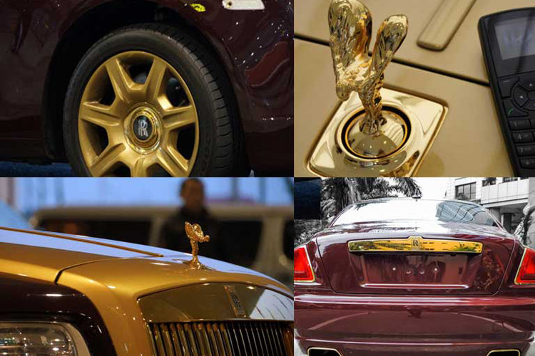 Ngoài được mạ vàng 24k, chiếc xe siêu sang Rolls-Royce Ghost của đại gia Trịnh Văn Quyết còn có chi tiết nắp capô hay bộ mâm đa chấu kép của xe được sơn màu vàng mờ, rất phù hợp với các chi tiết mạ vàng 24k cũng như tạo sự đối lập với màu sơn đỏ.