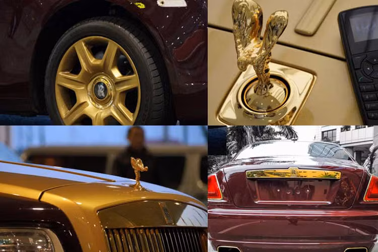 Ngoài được mạ vàng 24k, chiếc xe siêu sang Rolls-Royce Ghost của đại gia Trịnh Văn Quyết còn có chi tiết nắp capô hay bộ mâm đa chấu kép của xe được sơn màu vàng mờ, rất phù hợp với các chi tiết mạ vàng 24k cũng như tạo sự đối lập với màu sơn đỏ.