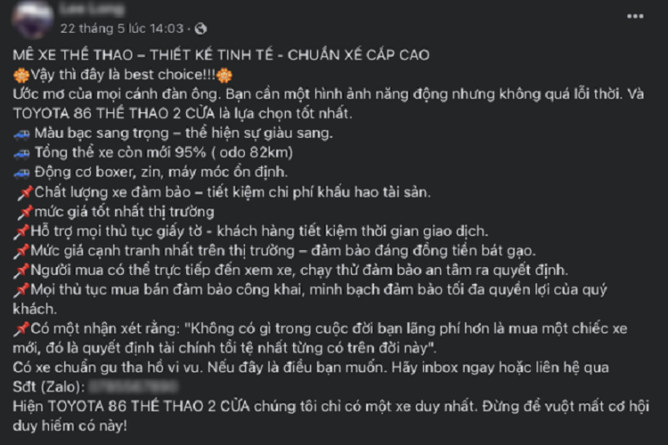 Ngày 22/5 vừa qua, một showroom tại TP. HCM đã rao bán mặt hàng "hiếm có khó tìm" tại thị trường Việt Nam. Chiếc Toyota 86 đời 2012 mang biển số Kiên Giang, với giá niêm yết 1,651 tỷ đồng tại thời điểm ra mắt, đang trên hành trình đi tìm chủ nhân mới với mức giá hơn 900 triệu đồng.