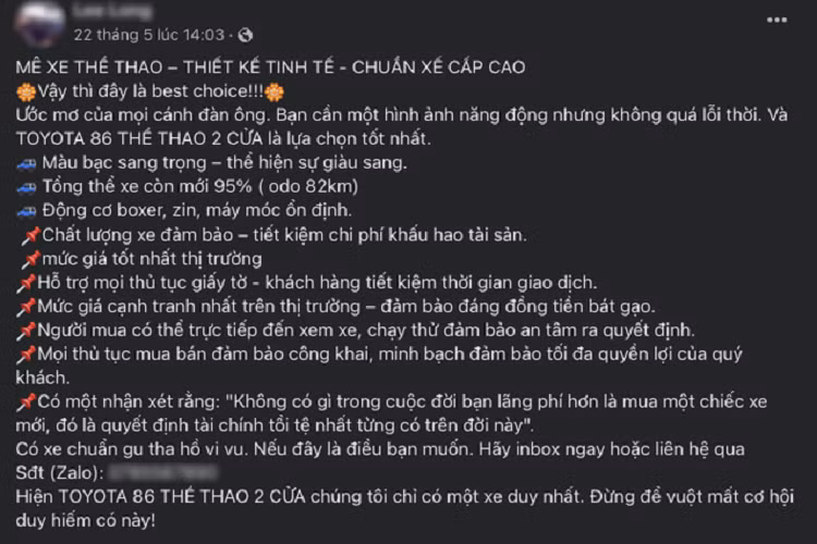 Ngày 22/5 vừa qua, một showroom tại TP. HCM đã rao bán mặt hàng "hiếm có khó tìm" tại thị trường Việt Nam. Chiếc Toyota 86 đời 2012 mang biển số Kiên Giang, với giá niêm yết 1,651 tỷ đồng tại thời điểm ra mắt, đang trên hành trình đi tìm chủ nhân mới với mức giá hơn 900 triệu đồng.