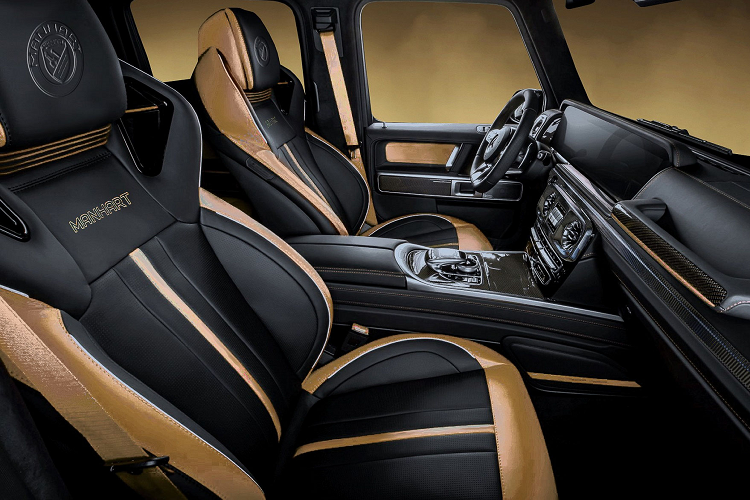 Mẫu xe Manhart G800 Inferno độ khủng này sở hữu bộ mâm xe Manhart Forged Line sơn vàng trông khá đồ sộ bên dưới chắn bùn, hơn nữa xe còn được trang bị hệ thống lò xo H&amp;R giúp hạ thấp thêm chiều cao tổng thể của chiếc SUV đến từ Đức.