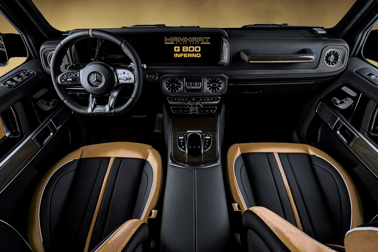 Bộ phụ kiện sợi carbon từ Top Car Design bao gồm các chi tiết độ bổ sung như chắn bùn rộng, cản va mạnh mẽ hơn, nắp ca-pô thông gió, đèn LED gắn trên nóc xe, bộ khuếch tán và cánh gió sau kiểu xe thể thao. Manhart đã thêm bộ decal vàng đặc trưng của mình tương phản với màu đen, khoang nội thất xe được bọc lại bằng Alcantara và da đục lỗ.