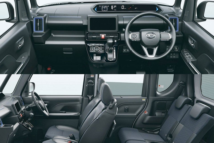 Dù có kích thước nhỏ gọn, bao gồm chiều dài 3.395 mm, chiều rộng 1.475 mm và chiều cao 1.775 mm, nhưng Daihatsu Tanto FunCross 2023 vẫn mang đến không gian nội thất 2 hàng ghế rộng rãi. Tại đây, chúng ta sẽ bắt gặp phong cách thiết kế trẻ trung và cá tính hơn nhờ những chi tiết sơn màu đối lập như viền cửa gió điều hòa hay bệ tì tay trên tappi cửa.