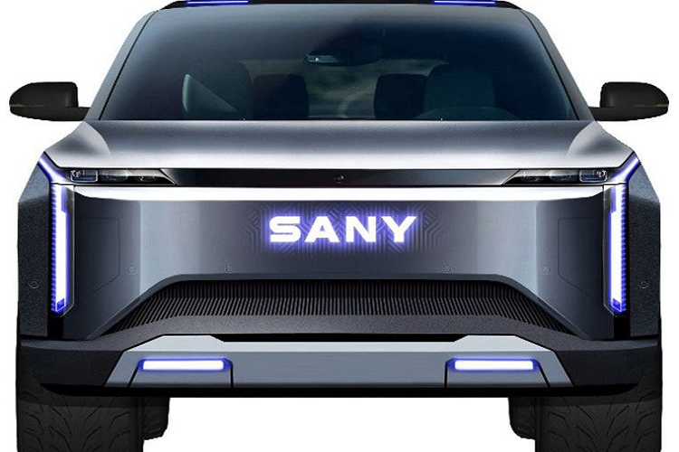 Qua hình ảnh rò rỉ, có thể thấy mẫu xe bán tải điện của Sany sở hữu thiết kế khá táo bạo. Phần đầu xe được thiết kế vuông vắn với đèn pha khá hẹp và nằm ngang, sát với nắp ca-pô. Kéo dài từ đèn pha xuống bên dưới là dải đèn LED định vị ban ngày. Ngoài ra, mẫu xe này còn có dòng chữ "Sany" phát sáng ở giữa đầu xe và 2 đèn LED tích hợp vào ốp màu bạc dưới cản trước.