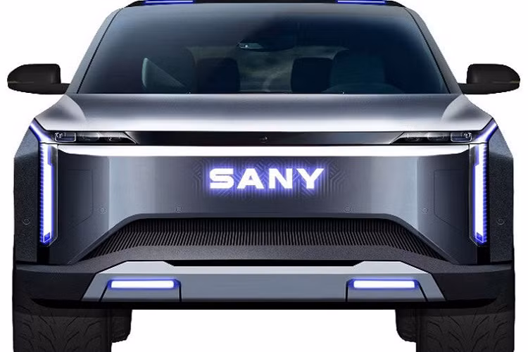 Qua hình ảnh rò rỉ, có thể thấy mẫu xe bán tải điện của Sany sở hữu thiết kế khá táo bạo. Phần đầu xe được thiết kế vuông vắn với đèn pha khá hẹp và nằm ngang, sát với nắp ca-pô. Kéo dài từ đèn pha xuống bên dưới là dải đèn LED định vị ban ngày. Ngoài ra, mẫu xe này còn có dòng chữ "Sany" phát sáng ở giữa đầu xe và 2 đèn LED tích hợp vào ốp màu bạc dưới cản trước.