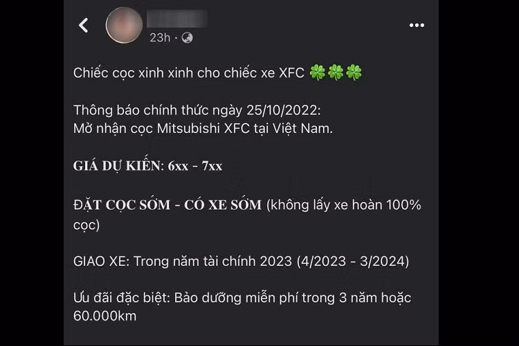 Từ ngày 26/10/2022, các đại lý Mitsubishi tại Việt Nam cũng đã bắt đầu nhận cọc dành cho mẫu SUV cỡ B này. Theo nhân viên tư vấn bán hàng tại đại lý, giá xe Mitsubishi XFC 2023 dự kiến dao động từ hơn 600 triệu đồng đến hơn 700 triệu đồng, tương đồng với những mẫu xe cùng phân khúc như Kia Seltos và Hyundai Creta. Thời gian giao xe cho khách sẽ là năm tài khóa 2023 (từ tháng 4/2023 - 4/2024).