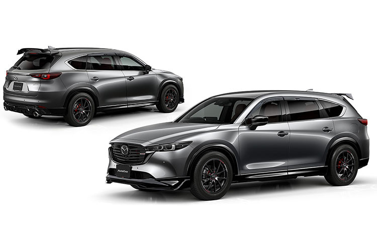 Hai bên hông Mazda CX-8 2022 độ Auto Exe nổi bật với bộ la-zăng hợp kim dạng đa chấu màu đen, chính thay đổi này đã làm chiếc SUV thêm cứng cáp và thể thao.