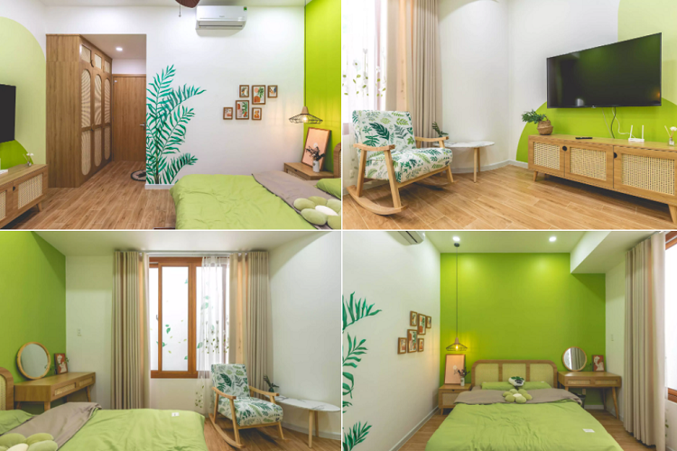 Phòng ngủ master nằm ở tầng 2 với gam màu xanh lá giống với màu sắc tổng thể của ngôi nhà.