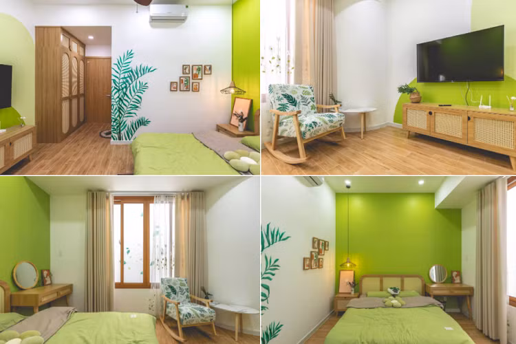 Phòng ngủ master nằm ở tầng 2 với gam màu xanh lá giống với màu sắc tổng thể của ngôi nhà.