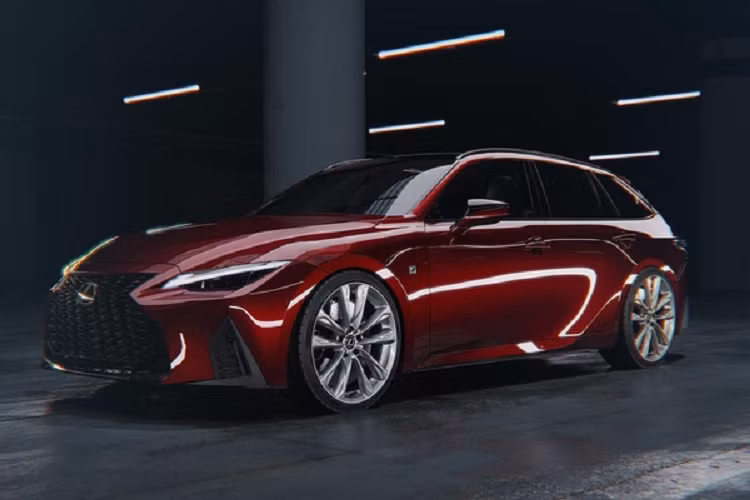 Chiếc xe sang Lexus IS 500 F Sport Performance Sportwagon được hoàn thiện trong bộ cánh màu đỏ tía độc đáo, đi kèm bộ mâm đa chấu bản dày nhấn mạnh sự khỏe khoắn, thể thao của chiếc xe.