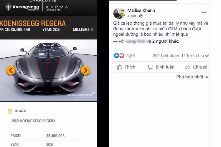 Theo đó, Hoàng Kim Khánh chia sẻ một mẫu xe Koenigsegg Regera đang được đại lý siêu xe ở Mỹ rao bán với dòng trạng thái "giá cả leo thang, giá mua tại đại lý như vậy mà về đóng các khoản phí có biển để lăn bánh được ngoài đường là bao nhiêu nhỉ? mệt quá". Hai từ mệt quá cũng đủ để giới mê xe biết được đại gia này chi ra số tiền không nhỏ cũng như chờ xe Koenigsegg Regera làm các thủ tục về đến Việt Nam thế nào.