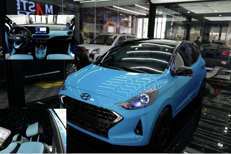 Để loại bỏ sự nhàm chán trên chiếc Hyundai Grand i10 giá rẻ, chủ xe đã yêu cầu sơn lại xe trong màu xanh dương Miami Blue (mã màu của Porsche) kết hợp với mui xe sơn đen để tăng vẻ thể thao.