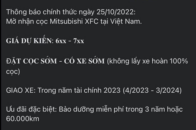 Được biết, hãng Mitsubishi đã thực nghiệm lái xe hơn 4.000 km để chắc chắn rằng mẫu xe này đáp ứng tốt nhất điều kiện giao thông ở Việt Nam. Được áp dụng ngôn ngữ thiết kế Dynamic Shield quen thuộc của hãng Mitsubishi, XFC sở hữu cụm đèn pha hình chữ "T" tương tự Xpander và Xpander Cross mới.
