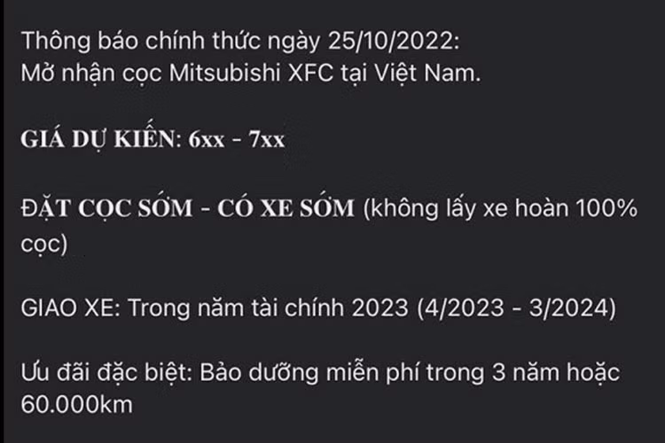 Được biết, hãng Mitsubishi đã thực nghiệm lái xe hơn 4.000 km để chắc chắn rằng mẫu xe này đáp ứng tốt nhất điều kiện giao thông ở Việt Nam. Được áp dụng ngôn ngữ thiết kế Dynamic Shield quen thuộc của hãng Mitsubishi, XFC sở hữu cụm đèn pha hình chữ "T" tương tự Xpander và Xpander Cross mới.