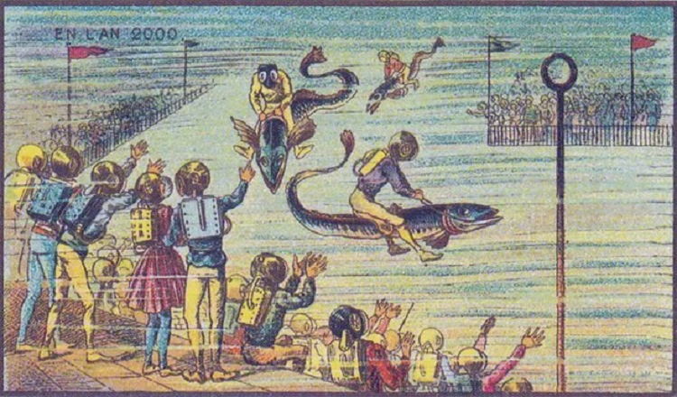 Thợ lặn cưỡi cá ngựa và mọi người xem các cuộc đua cá dưới nước vào năm 2000 - những hình ảnh đã chưa thể thành thật. Ảnh: Pinterest