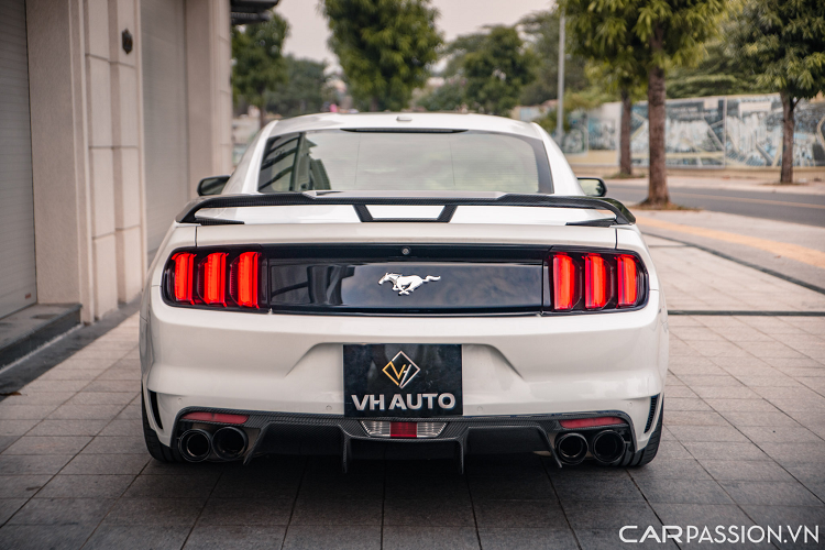 Ở phía sau, xe cũng được trang bị logo ngựa hoang đặc trưng trên nhiều chiếc Mustang. Các đường viền quanh xe đều hoàn thiện bằng màu đen bóng và carbon tăng độ thể thao. Hệ thống âm thanh nguyên bản đã thay thế bằng loại tới từ hãng Akrapovic giúp tiếng nổ của xe mạnh mẽ hơn.